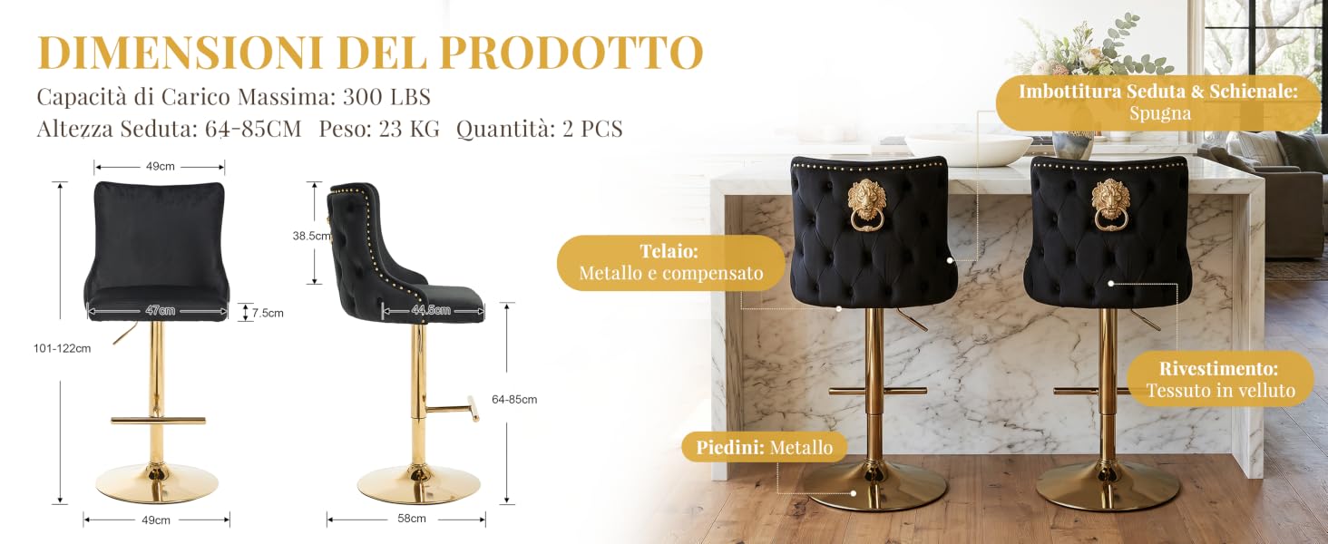 Il testo recita 'DIMENSIONI DEL PRODOTTO' con le specifiche 'Capriccio | Colore M-brown; 90x115', 'Altezza Sedile ~45 cm | Peso 10 kg | Quantità - 1 Pc.'. Le immagini del prodotto mostrano uno sgabello da bar nero con schienale e poggiapiedi disposti in più angolazioni, con struttura in metallo dorato e meccanismo regolabile in altezza.