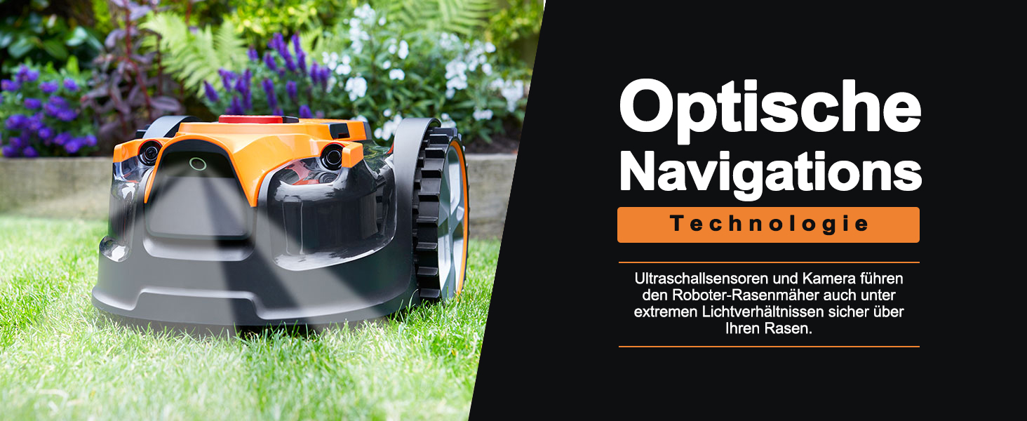 Mähroboter in dunkelgrauem Gehäuse mit orangefarbenen Akzenten.
[SENTENCE 14] Text 'Optische Navigations Technologie'