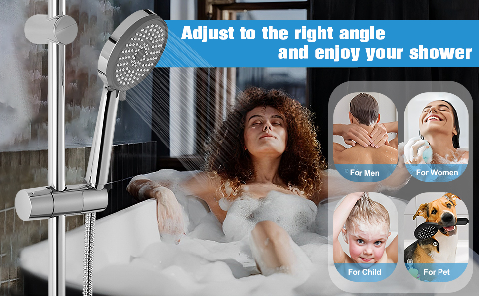 a woman taking a bubble bath with a shower head and a shower head.