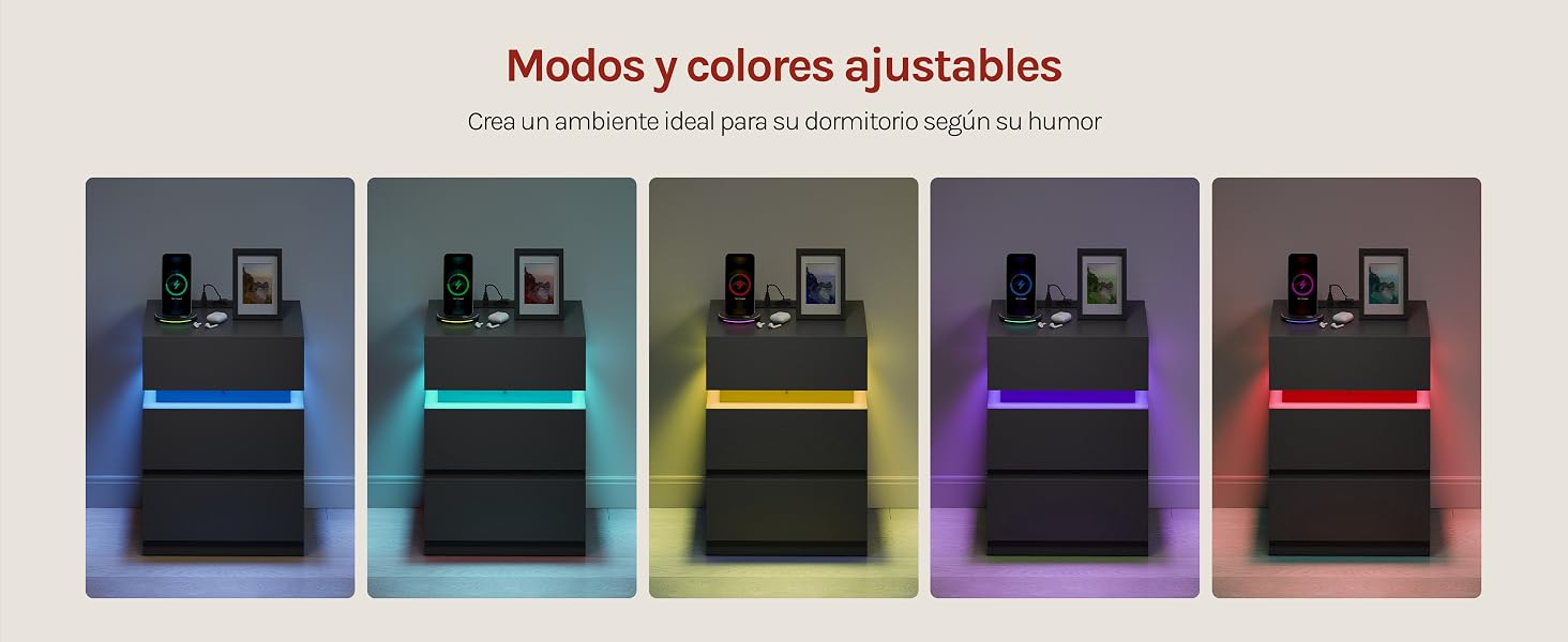 El texto dice «Modos y colores ajustables». Se muestran cinco dispositivos electrónicos negros idénticos con tiras de iluminación LED de diferentes colores: azul, turquesa, amarillo, morado y rojo.