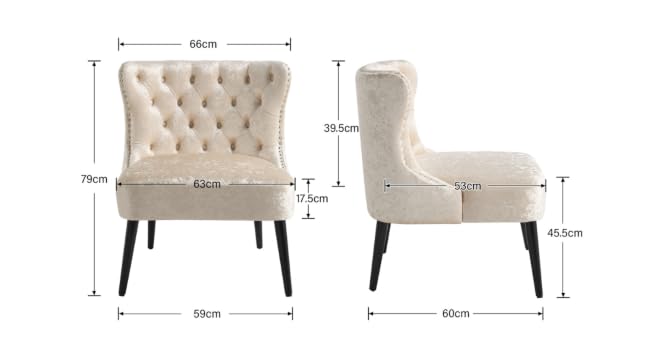 Diagrama técnico de una silla decorativa tapizada que muestra las dimensiones y medidas desde las vistas frontal y lateral, con un diseño de respaldo capitoné.