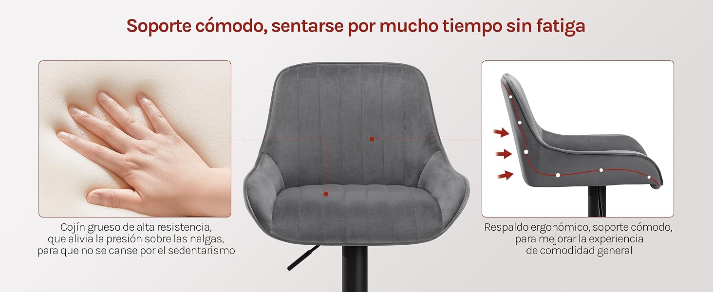 Imagen de varios paneles que muestra las características de una silla de oficina en gris, destacando los componentes ajustables y las funciones de soporte ergonómicas con demostraciones de comodidad.
