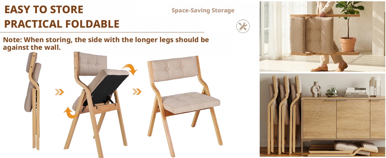 Text reads 'EASY TO STORE' and 'SPACE SAVING &amp; FOLDABLE'. Image shows wooden chairs and natural wood furniture display, demonstrating compact storage furniture design with folding capability.