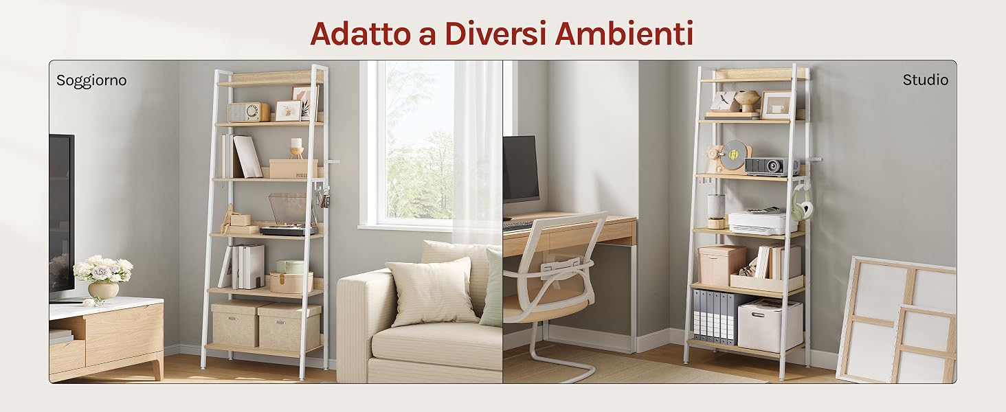 Il testo recita «Adatto a Diversi Ambienti». Serie di foto degli interni che mostrano la disposizione dei mobili in vari ambienti, tra cui salotti e camere da letto.