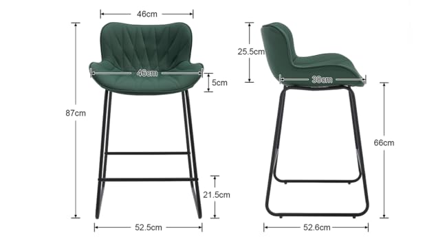 Diagramma tecnico che mostra le dimensioni di una moderna poltrona lounge verde scuro da più angolazioni, comprese le misure di altezza, larghezza e profondità.