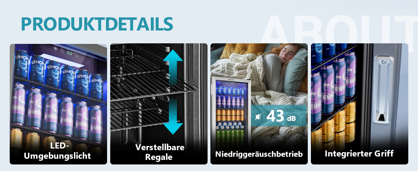 Der Text lautet „PRODUKTDETAILS“. Produktvitrine mit vier Paneelen, die beleuchtete Displaysysteme und Lichtinstallationen zeigen.