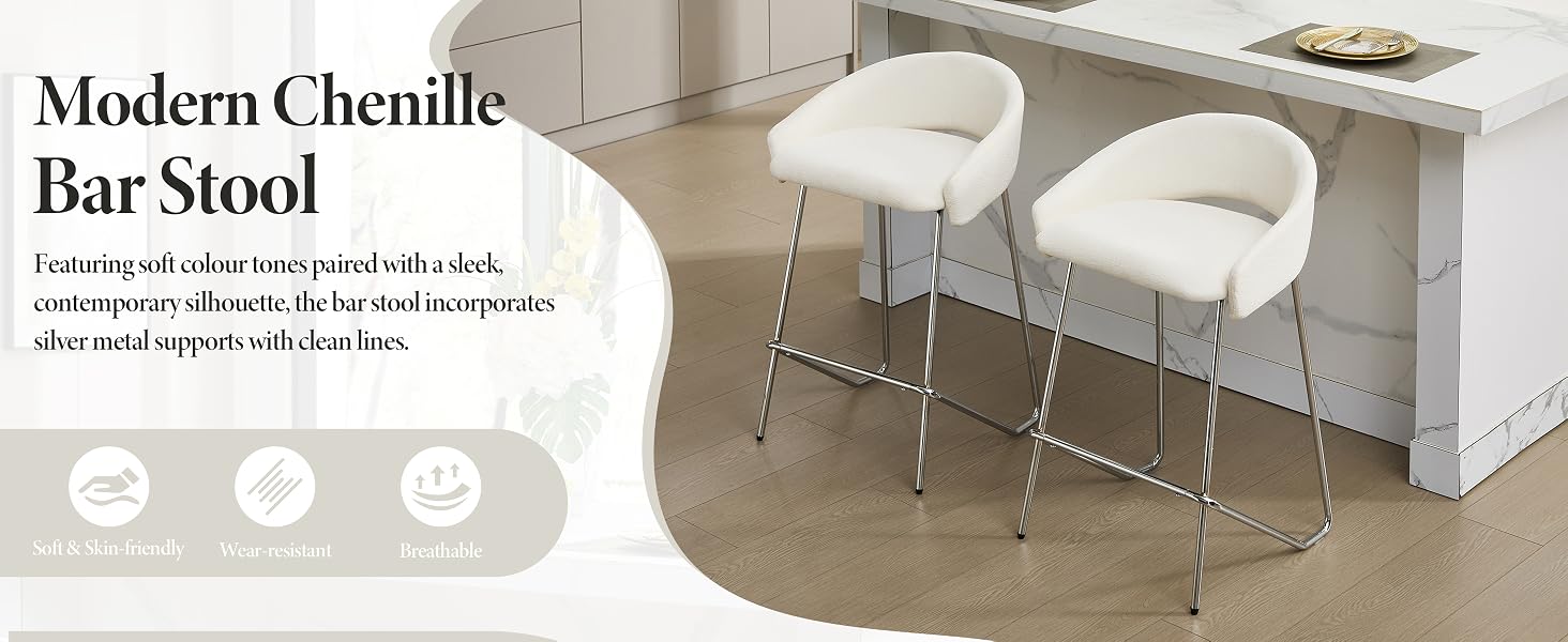 Text reads 'Modern Chenille Bar Stool'. Multiple views of light-colored modern bar stools with metal frames and fabric upholstery.