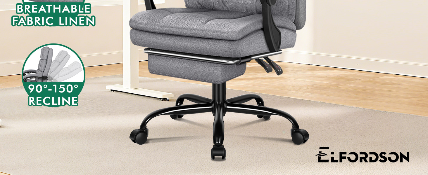 Text reads 'ELFORDSON'. Multiple views of an office chair with gray upholstery, showing reclining positions, armrests, and wheels. Chair appears to have ergonomic design features.