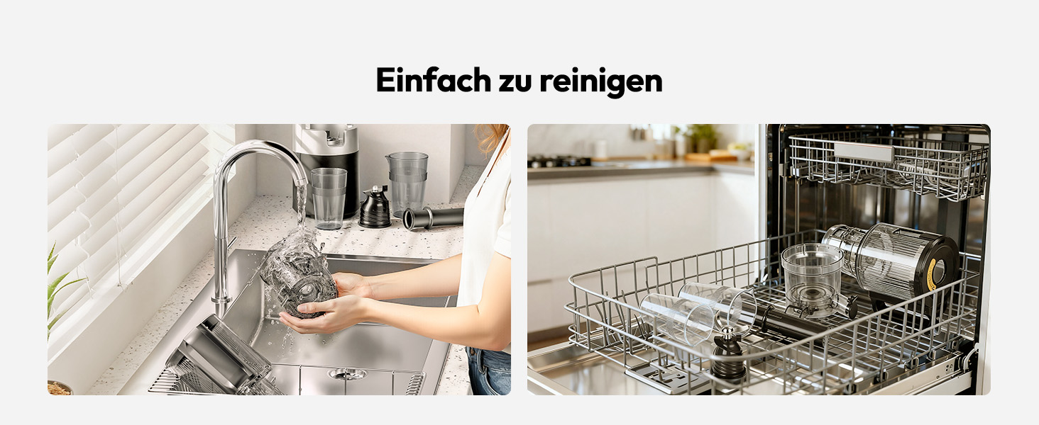 Der Text lautet „Einfach zu reinigen“. Aufeinander folgende Bilder zeigen den Reinigungsvorgang des Geschirrspülers mit blauen Punktanzeigen, die sich durch die einzelnen Betriebsphasen bewegen.
