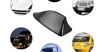 Carbon fiber textured car antenna with 'Suitable for most models' text. Surrounding images show various vehicle types it can be used on.
