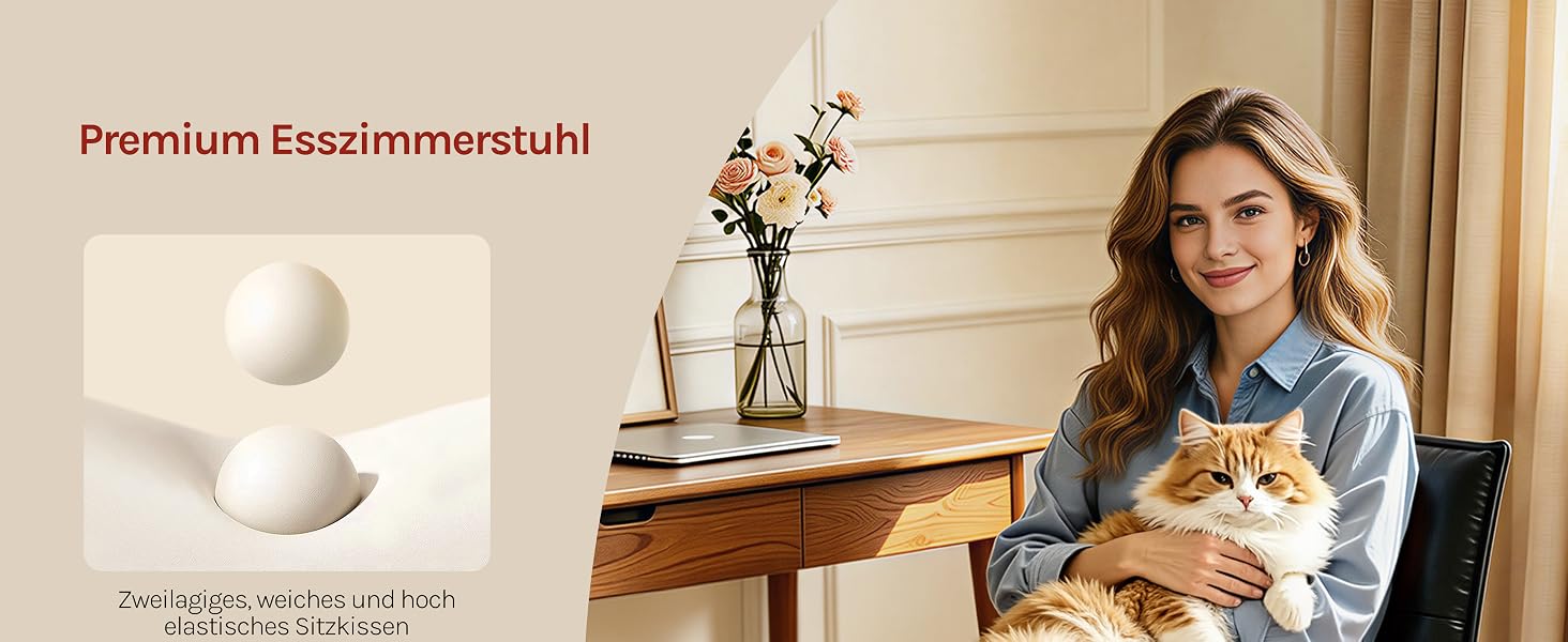 Der Text lautet „Premium Esszimmerstuhl“. Frau sitzt am Holztisch und hält eine weiße Katze. Auf der Oberfläche hinter ihr sind eine weiße Schale und eine Blumenvase sichtbar.