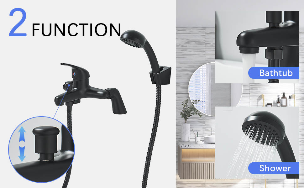 Black handheld shower head with multiple functions showing close-up views of spray patterns and mounting options. Features dual-mode operation for bathtub and shower use.