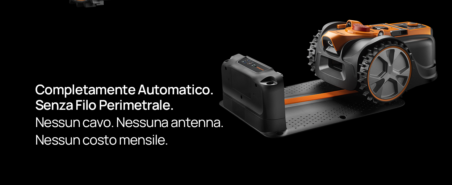 Il testo è «Completamente Automatico», «Senza Filo Perimetrale», «Nessun cavo, Nessuna antenna», «Nessun costo mensile». Schema tecnico del prodotto con sfondo nero.