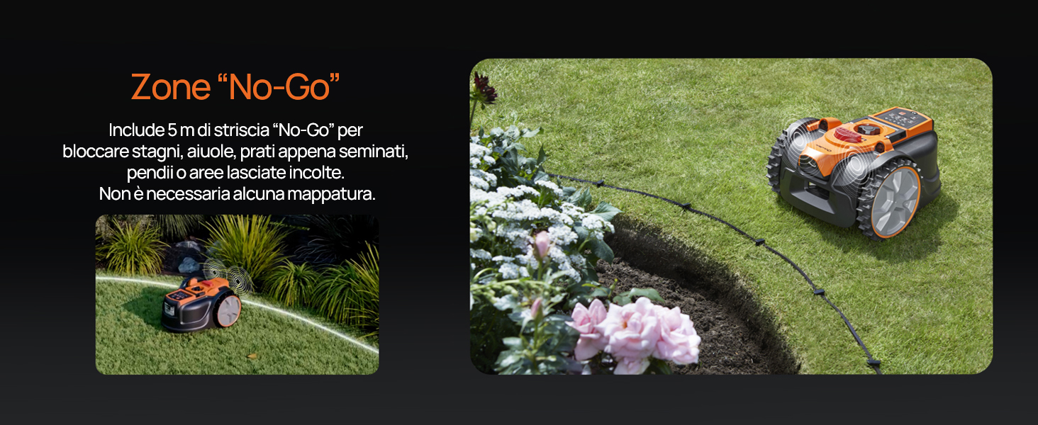 Il testo dice 'Zone «No-Go"'. Immagine di marketing che mostra un robot rasaerba che aggira gli ostacoli del giardino e le aiuole all'aperto.