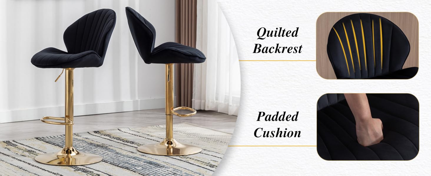 Two black upholstered bar stools with curved backrests, gold-tone bases, and footrests. Close-ups show quilted backrest design and padded cushion seat.