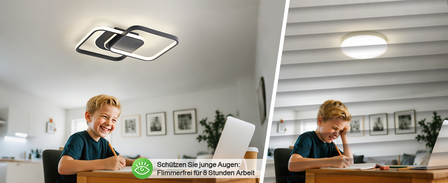 Zwei Bilder zeigen eine an der Decke montierte Leuchte, die in einer häuslichen Umgebung verwendet wird, um den Beleuchtungseffekt zu demonstrieren.