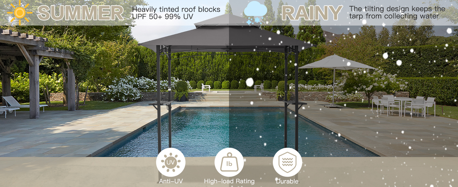 Text reads 'SUMMER' and 'RAINY'. Animated-style weather icons showing sunny and rainy conditions across a horizontal banner displaying outdoor patio or terrace scenes.