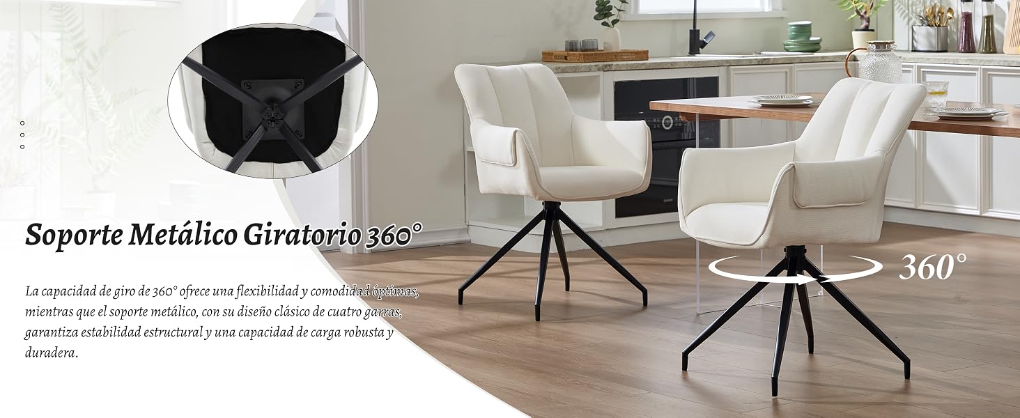 El texto dice «Soporte Metálico Giratorio 360°». Interior moderno de oficina o sala de estar con muebles blancos y una estructura de soporte metálica.
