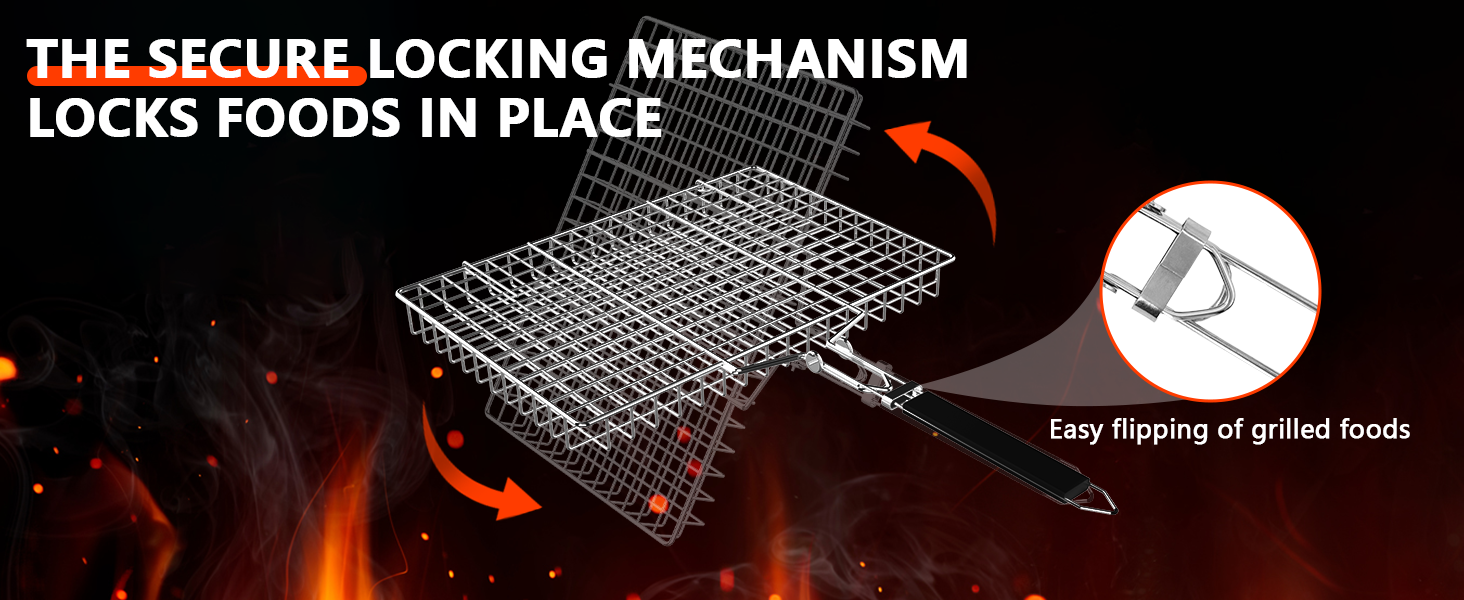 Metal grilling basket with secure locking mechanism, shown over flames. Features mesh design and clip closure for holding food items in place.