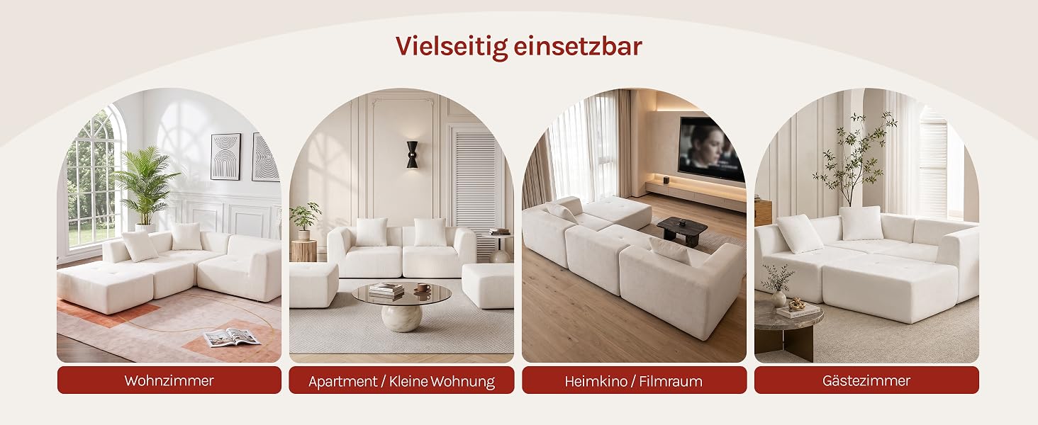 Der Text lautet oben „ValoeFliStructurar“. Vier Innenarchitekturfotos zeigen moderne Schlafzimmer, Badezimmer, Wohnzimmer und Aufbewahrungslösungen mit neutralen Farbtönen und modernen Möbeln.