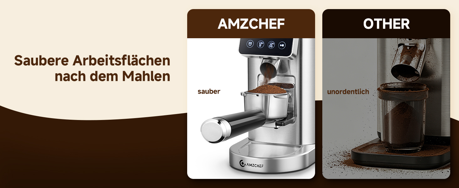 Der Text lautet „Saubere Arbeitsflächen nach dem Mahlen“, „AMZCHEF“, „SONSTIGES“. Vergleich der Kaffeemühlenmodelle: AMZCHEF-Mühle links mit sauberer Arbeitsfläche, alternatives Modell rechts mit Kaffeemaschine.