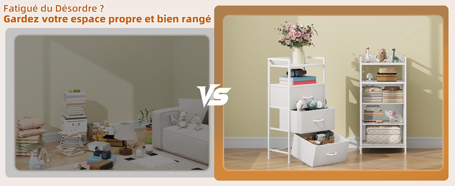 Le texte dit « Arrêt de la décoration ? » « Sautez vers un espace propre et un rangement ». Comparaison côte à côte montrant des espaces de rangement encombrés par rapport à des espaces de rangement organisés avec étagère.