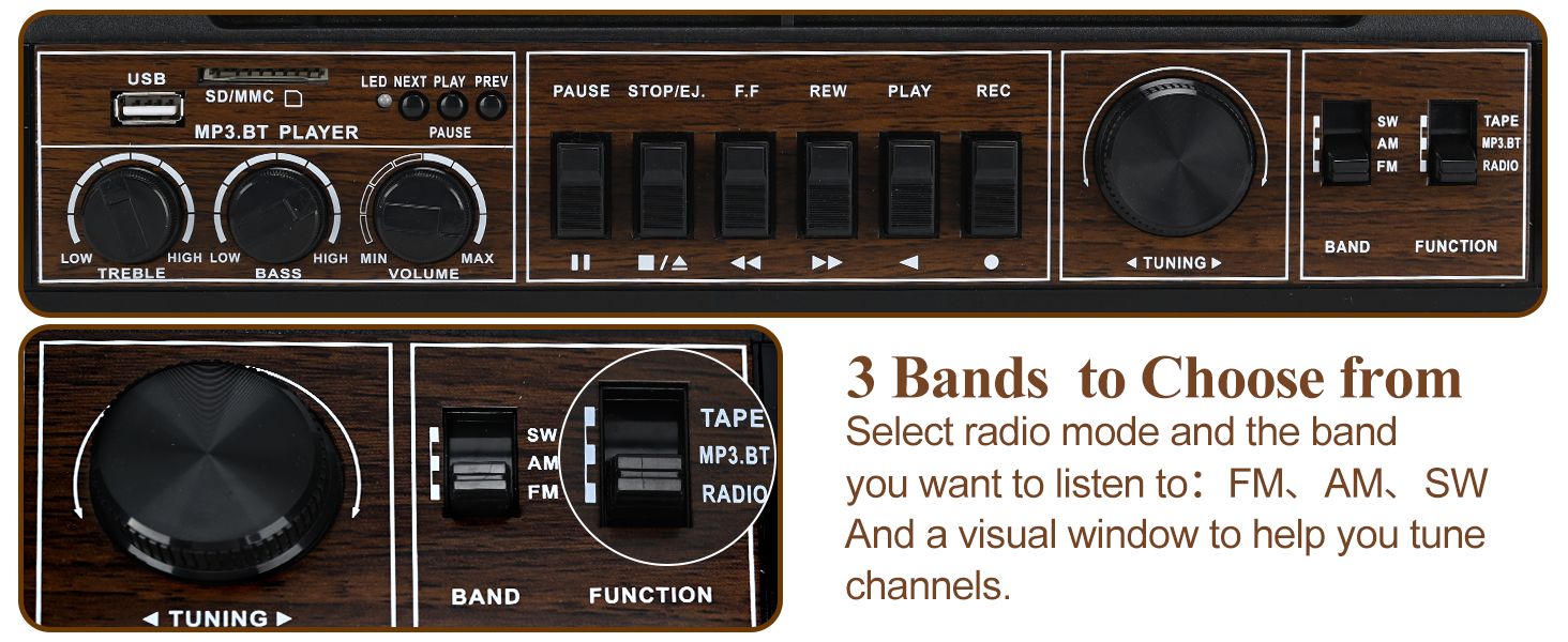 Radiobedienfeld im Vintage-Stil mit mehreren Reglern, Schaltern und Bandauswahloptionen für FM-, AM- und SW-Frequenzen. Verfügt über 3-Band-Auswahlmöglichkeiten