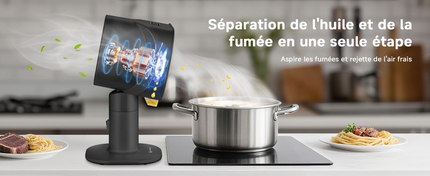 Le texte se lit comme suit : « Séparation de l'huile et de la fumée en une seule étape ». Image divisée montrant la préparation de la cuisson et le système de ventilation au-dessus de la cuisinière.