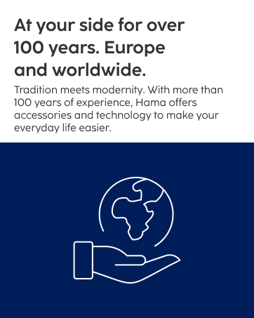 Text reads 'At your side for over 100 years. Europe and worldwide. Tradition meets modernity. With more than 100 years of experience, Hama offers accessories and technology to make your lifestyle easier.' Simple line drawing of hand holding globe icon on navy background.
