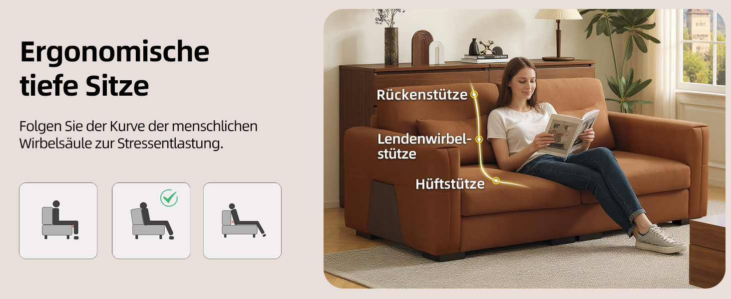 Der Text lautet „Ergonomische tiefe Sitze“. Mehrere Bilder zeigen einen ergonomischen Stuhl mit verschiedenen Sitzpositionen und verstellbaren Funktionen in einer Büroumgebung.