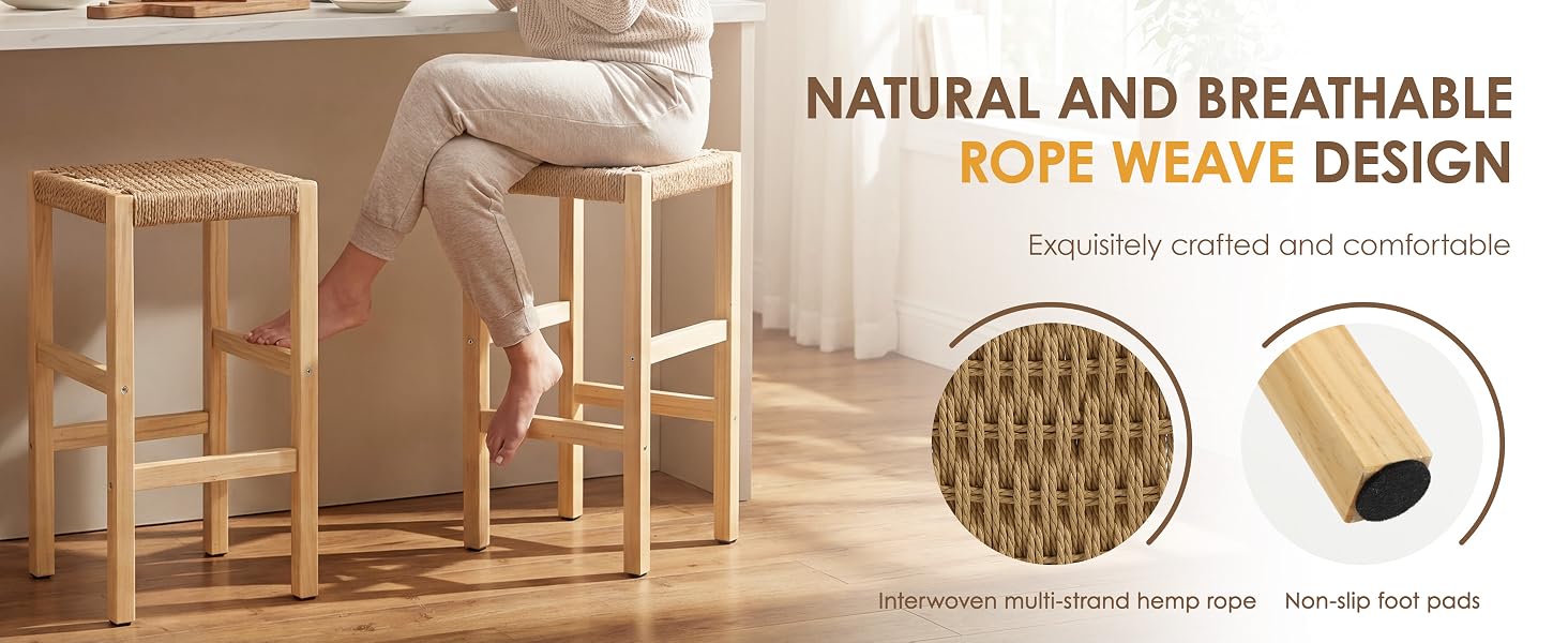 Text reads 'NATURAL AND BREATHABLE 100% WEAVE DESIGN'. Product demonstration showing wooden or bamboo construction with emphasis on material weave pattern.