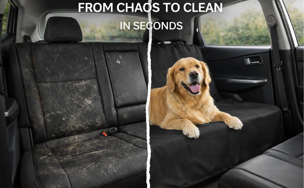 Text reads: 'FROM CHAOS TO CLEAN IN SECONDS.' Split image showing car seat before (dirty, muddy) and after (clean) with golden retriever dog positioned on cleaned black seat.