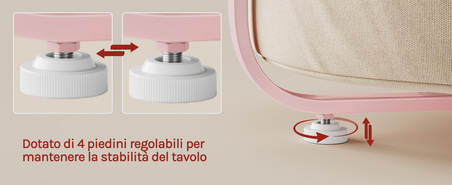 Il testo recita «Dotato di 4 piedini regolabili per mantenere la stabilita del tavolo». Immagini del prodotto che mostrano piedini o stabilizzatori regolabili con frecce direzionali che indicano la rotazione.