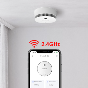 Appareil circulaire monté au plafond, connecté à une application pour smartphone. Affiche l'icône de connectivité sans fil 2,4 GHz