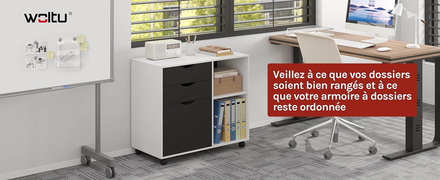 caisson bureau meuble rangement armoire 3 tiroirs 2 compartiments casiers ouverts 5 roulettes
