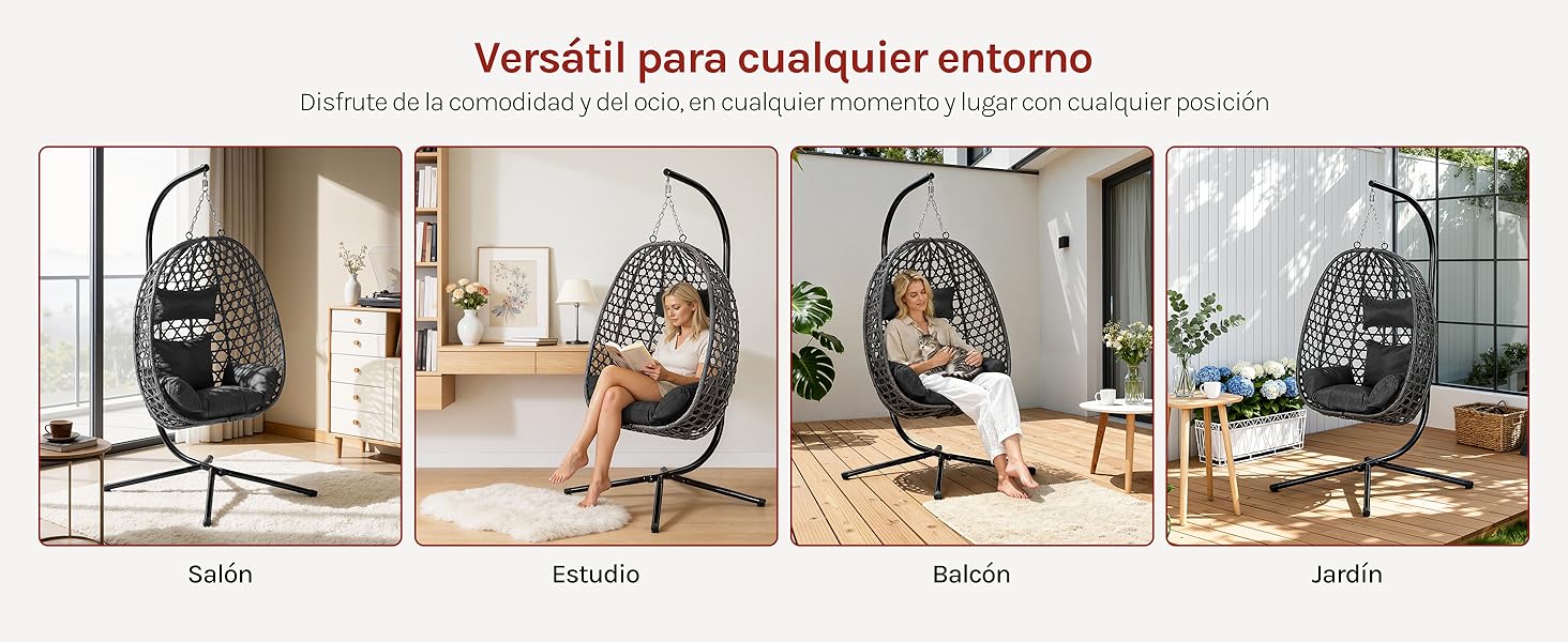 El texto dice «Versátil para cualquier entorno». Varias imágenes muestran una silla colgante en forma de huevo de color oscuro en diferentes ambientes y posiciones de la habitación.