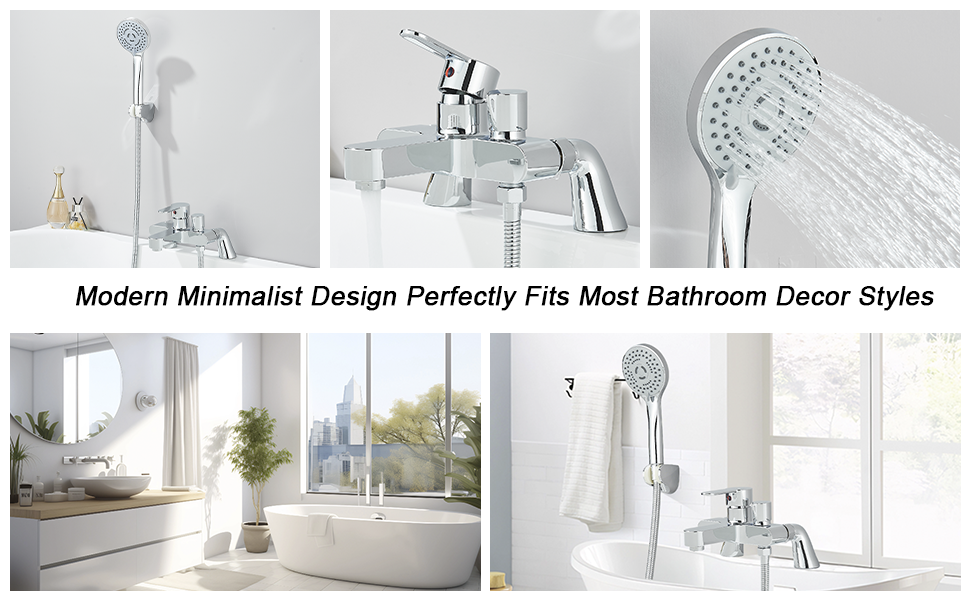 Text reads 'Modern Minimalist Design Perfectly Fits Most Bathroom Decor Styles'. Collection of bathroom fixtures showing white freestanding tubs, chrome faucets, and shower heads.