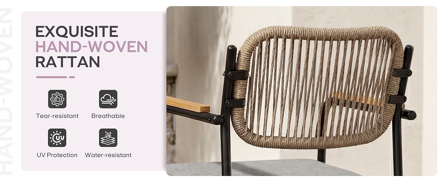 Text reads 'EXQUISITE HAND-WOVEN RATTAN' with four feature icons below. Hand-woven rattan dining chair with black metal frame and gray cushioned seat shown from angled view.