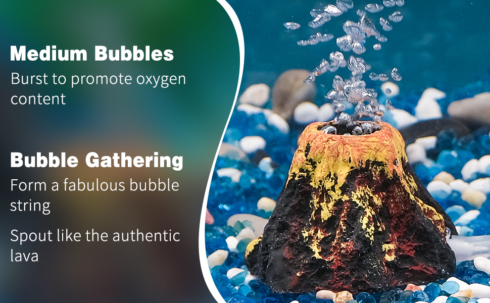 Aquarium volcano ornament producing bubbles underwater, with text describing bubble features and lava-like effects.