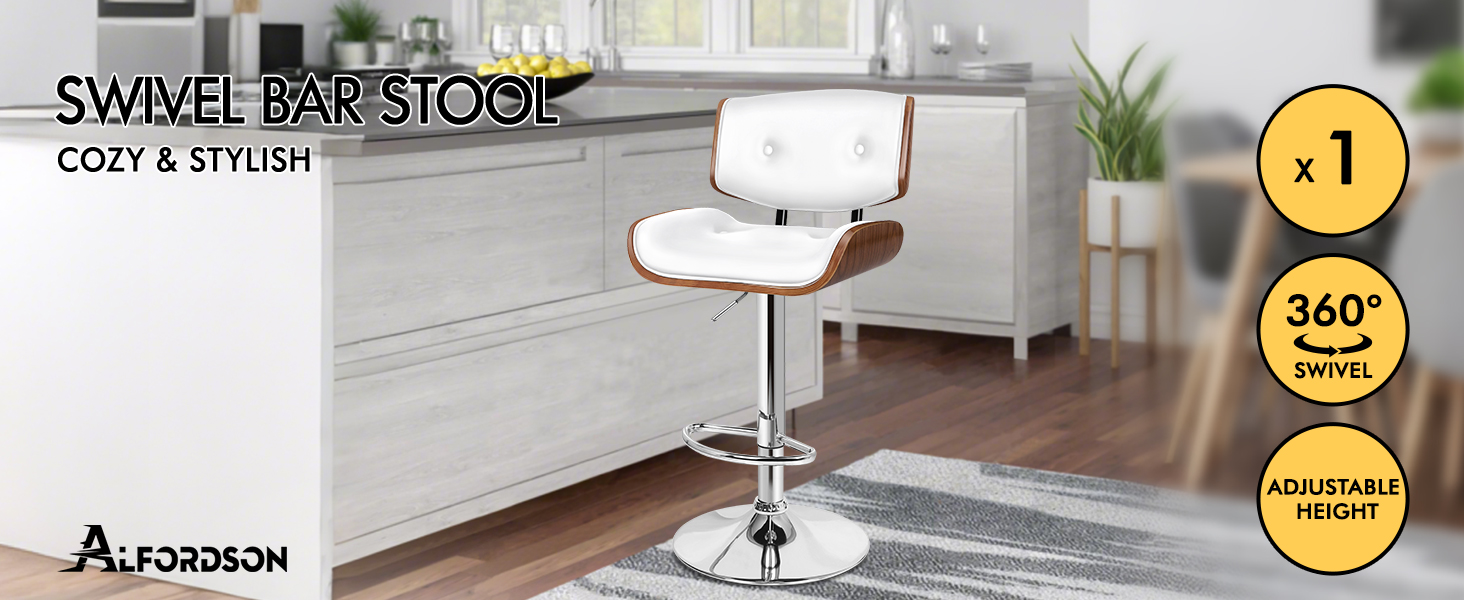 Text reads 'SWIVEL BAR STOOL'. Product images showing adjustable height mechanism and 360-degree rotation feature of a gray bar stool.