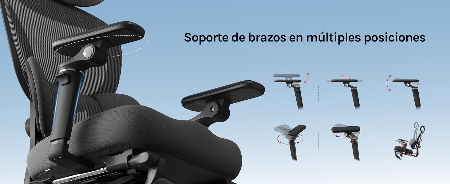 El texto dice «Superba la branca en múltiples posiciones». La silla de oficina ergonómica negra con múltiples palancas de ajuste y piezas de repuesto se muestra a continuación.