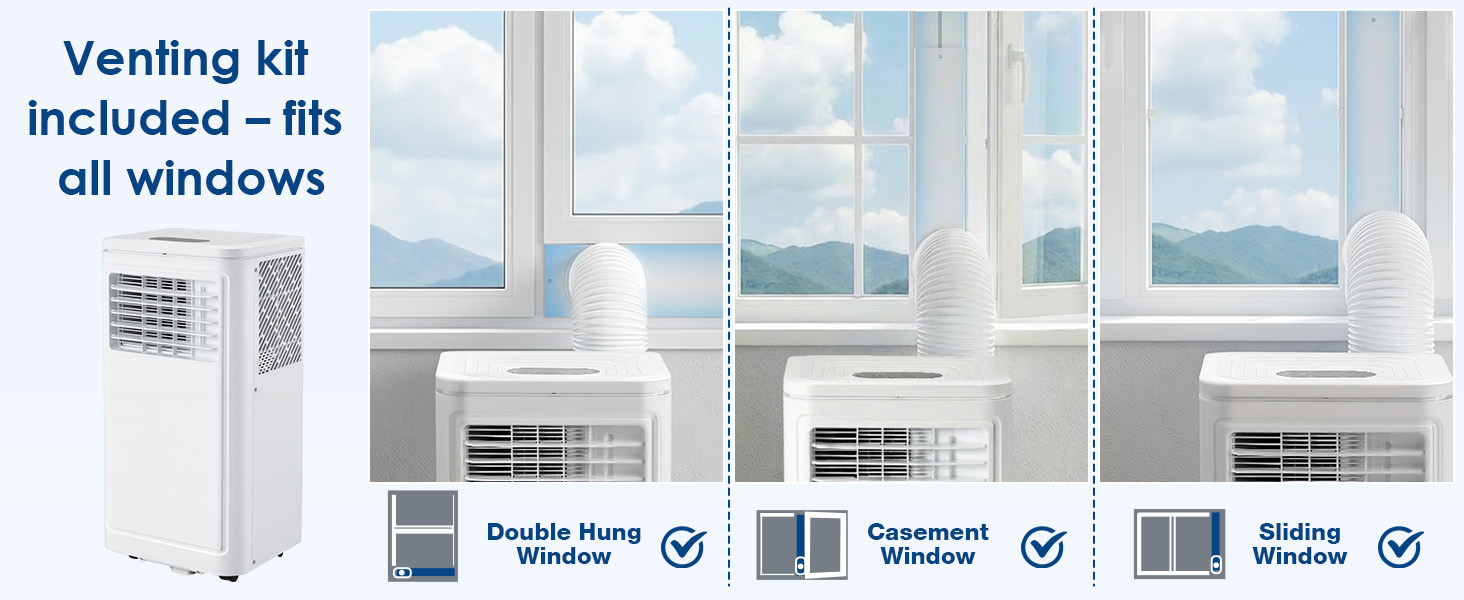 Text reads 'Venting kit included - fits all windows'. Product demonstration showing portable air conditioner installation options with double hung, casement, and sliding windows.