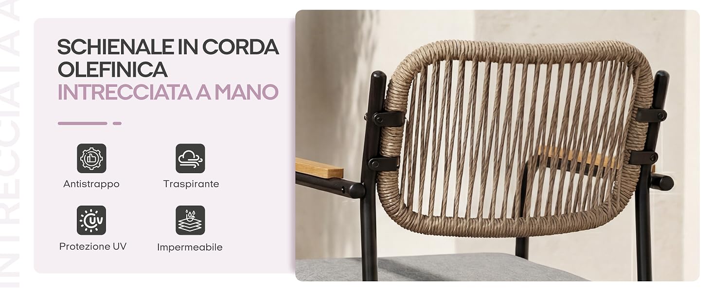 Il testo recita «SCHENELAE IN CORDA OLIFNICA INTRECCIATA A MANO». Sedia in corda intrecciata di colore beige/marrone chiaro naturale con struttura e braccioli in metallo nero, con motivo a intreccio verticale in corda e barra superiore in legno.
