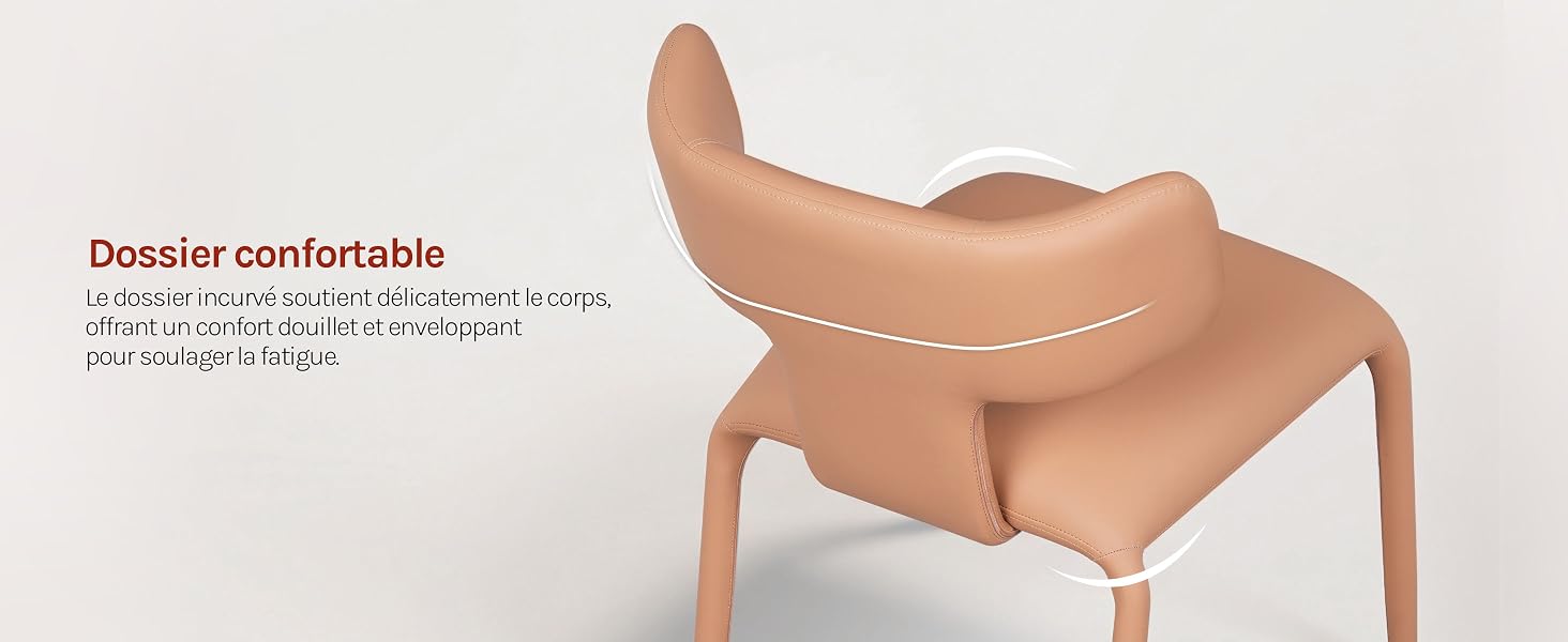 Le texte indique « Dossier confortable » (« Dossier confortable »). Images rapprochées de produits représentant des composants de chaise beiges ou de couleur nude.