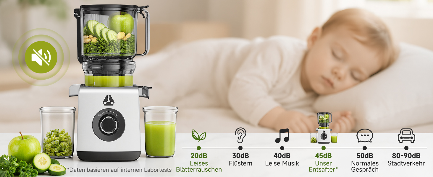Der Text lautet „LUFTBEFEUCHTER“ mit Funktionssymbolen, die Nebel, Aromatherapie, Musik, Timer und andere Funktionen anzeigen. Weißer Ultraschall-Luftbefeuchter mit gelbem Licht, dargestellt mit schlafendem Kind und grünen Pflanzen.