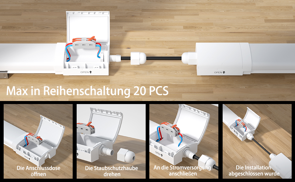 Der Text lautet 'Max.in Reihenschaltung 20 PCS'. Eine Reihe von Anleitungsbildern, die Schritt für Schritt das Anschließen weißer Elektronik- oder Beleuchtungskomponenten in einer Reihenmontage zeigen.