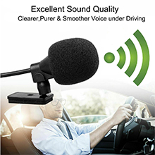 Wireless microphone with green sound waves graphic. Text reads 'Excellent Sound Quality'. Second image shows person using microphone in car.