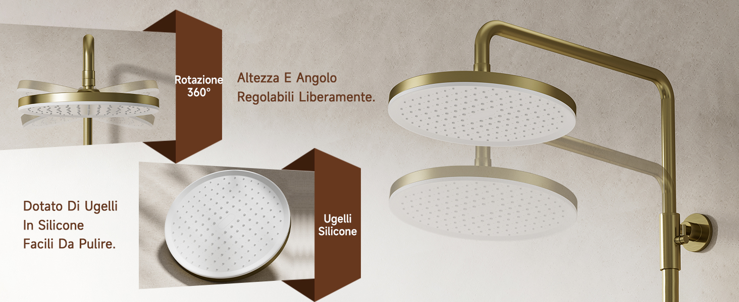 Il testo dice «Home Organizer», «Elegante», «Comodo», «Doppio da aprire», «Camera da letto», «Dust for fabric». Organizer da appendere in tessuto con struttura in legno marrone, scomparti bianchi e gancio in ottone mostrato in diverse viste.