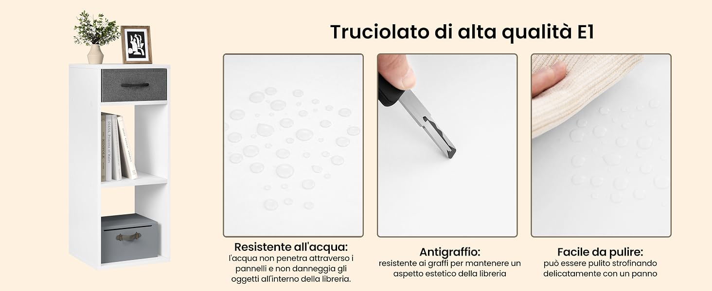 Immagine a quattro pannelli che mostra uno scaffale bianco.
