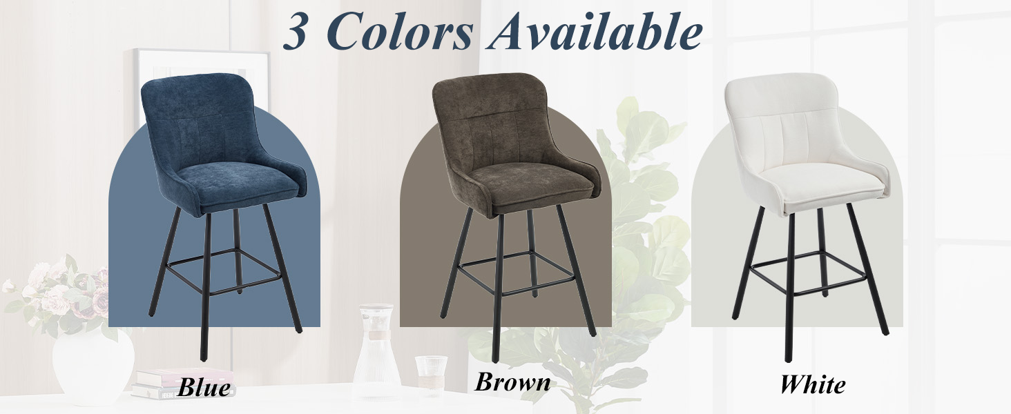 Text reads '3 Colors Available'. Display of three upholstered chairs in Blue, Brown, and White colors, shown side by side with product variations.